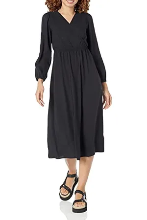 Amazon Abito Midi con Scollo a V a Maniche Lunghe in Georgette Leggero (Disponibile in Taglie Forti) Donna, , XS