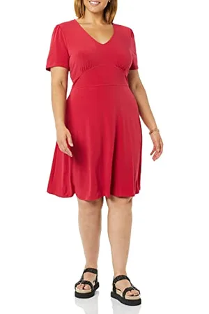 Amazon Abito Aderente Svasato con Scollo A v A Maniche Corte Donna, , S