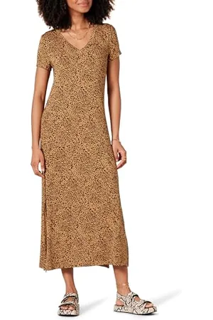 Amazon Abito Midi a Maniche Corte con Scollo a V in Jersey Donna, , XS