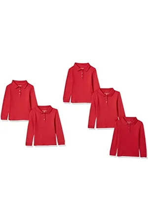 Amazon Polo in Tessuto Interlock a Maniche Lunghe Bambine e Ragazze, Pacco da 5, , 5 Anni