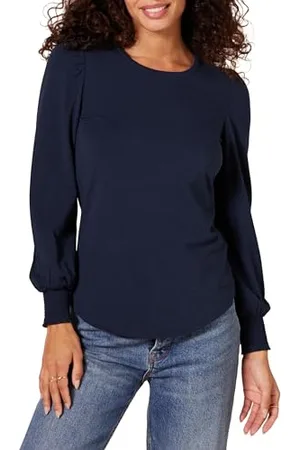 Amazon T-Shirt Girocollo a Manica Lunga con Polsini Punto Smock Donna, , XL
