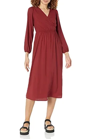 Amazon Abito Midi con Scollo a V a Maniche Lunghe in Georgette Leggero (Disponibile in Taglie Forti) Donna, , L