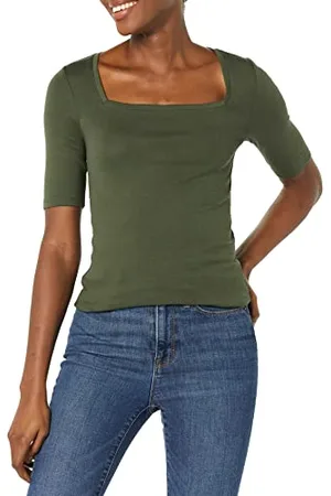 Amazon T-Shirt Aderente con Scollo Quadrato e Mezze Maniche Donna, , XS