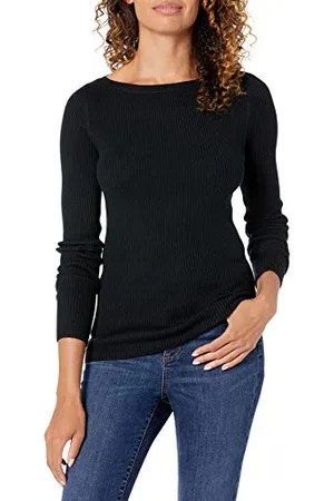 Amazon Maglione Aderente con Scollo a Barchetta a Maniche Lunghe Leggero a Coste Donna, , M