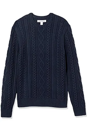 Amazon Maglione da Pescatore Girocollo a Coste a Manica Lunga in Cotone 100% Uomo, , XS