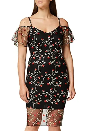 TRUTH & FABLE Marchio Amazon - Vestito Midi Senza Spalline in Pizzo Donna, Multicolore (Black Multi), 40, Label: XS