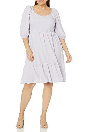 THE DROP Vestito Lexi da donna, con scollo a cuore, maniche a palloncino e punto smock sul retro, viola polveroso, S
