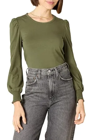 Amazon T-Shirt Girocollo a Manica Lunga con Polsini Punto Smock Donna, , XS
