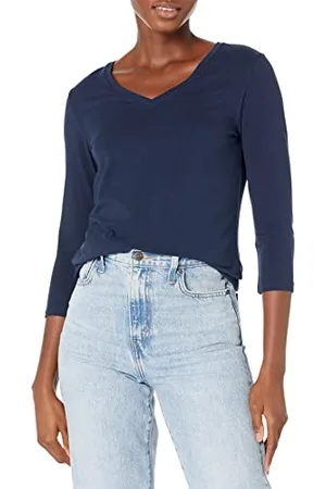 Amazon T-Shirt con Scollo A v con Maniche A Tre Quarti con vestibilità Classica (Taglie Forti Disponibili) Donna, , S
