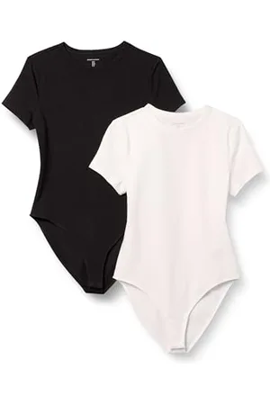 Amazon Body a Maniche Corte Aderente in Cotone Elasticizzato Donna, Pacco da 2, , XS