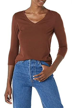 Amazon T-Shirt con Scollo A v con Maniche A Tre Quarti con vestibilità Classica (Taglie Forti Disponibili) Donna, , L