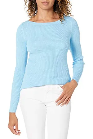 Amazon Maglione Aderente con Scollo a Barchetta a Maniche Lunghe Leggero a Coste Donna, , M