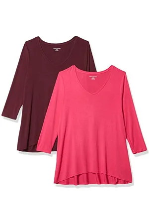 Amazon T-Shirt Swing con Maniche a 3/4 e Scollo a v (Taglie Forti Disponibili) Donna, Pacco da 2, , S