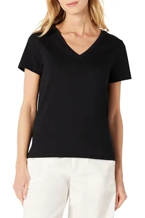 Amazon T-Shirt Scollo a V a Maniche Corte 100% Cotone vestibilità Classica Donna, Pacco da 2, , S