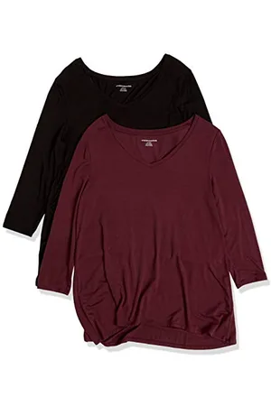 Amazon T-Shirt Swing con Maniche a 3/4 e Scollo a v (Taglie Forti Disponibili) Donna, Pacco da 2, , M