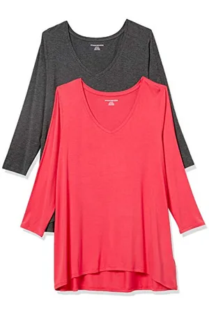 Amazon T-Shirt Swing con Maniche a 3/4 e Scollo a v (Taglie Forti Disponibili) Donna, Pacco da 2, , XXL