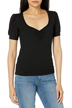 THE DROP Theresa, Top a Costine con Maniche Corte a Sbuffo e Scollo a Cuore da Donna, , 4XL Plus
