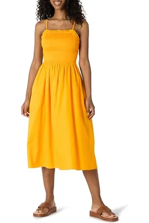 Amazon Abito Midi Corpetto Ricamato a Punto Smock in Raso di Cotone Fit Classico Donna, , XXS