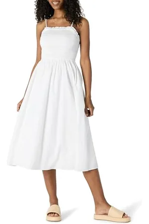 Amazon Abito Midi Corpetto Ricamato a Punto Smock in Raso di Cotone Fit Classico Donna, , XXL