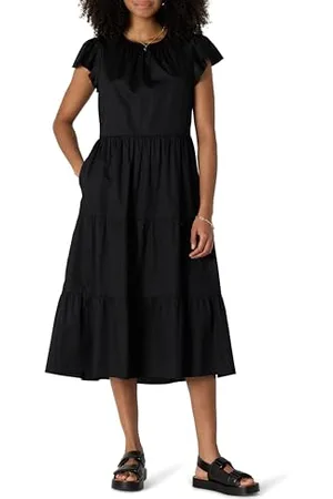 Amazon Abito Midi Girocollo in Raso di Cotone a Balze vestibilità Comoda Donna, , XL