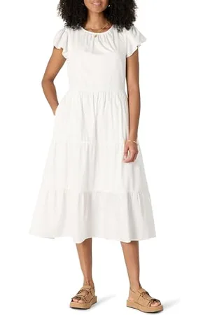 Amazon Abito Midi Girocollo in Raso di Cotone a Balze vestibilità Comoda Donna, , XL