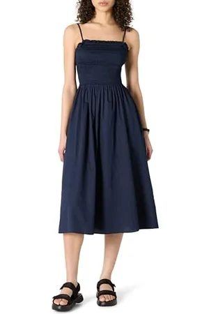 Amazon Abito Midi Corpetto Ricamato a Punto Smock in Raso di Cotone Fit Classico Donna, , XL