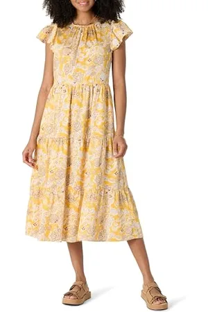 Amazon Abito Midi Girocollo in Raso di Cotone a Balze vestibilità Comoda Donna, , M