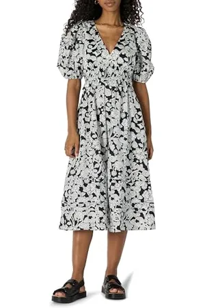 Amazon Abito Midi Regular Fit in Raso di Cotone con Maniche A Sbuffo Donna, , XS