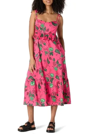 Amazon Abito Midi in Raso di Cotone con Volant Vita Impero Fit Classico Donna, , XS