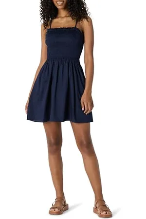 Amazon Abito Corto Corpetto Ricamato a Punto Smock in Raso di Cotone Fit Classico Donna, , S