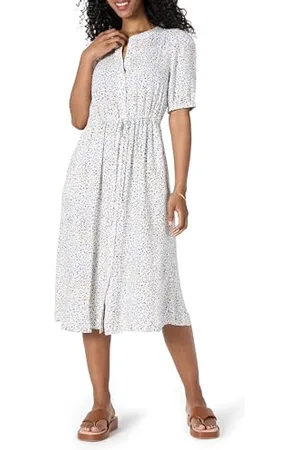 Amazon Abito Midi a Trapezio con Maniche a Tre Quarti e vestibilità Comoda Donna, , XS