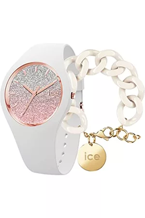 Ice-Watch Lo White Pink Orologio Bianco da Donna con Cinturino in Silicone, 013431 + Chain bracelet - Almond skin - Bracciale in maglia bianca XL da donna con medaglia d'oro