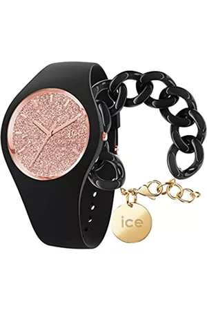 Ice-Watch Glitter Black Rose Gold Orologio Nero da Donna con Cinturino in Silicone, 001346 + Chain bracelet - Black - Bracciale in maglia nera XL da donna con medaglia d'oro