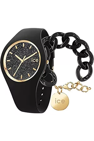 Ice-Watch Glitter Black Orologio Nero da Donna con Cinturino in Silicone, 001356 + Chain bracelet - Black - Bracciale in maglia nera XL da donna con medaglia d'oro