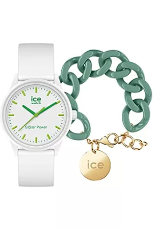 Ice-Watch Solar Power Nature Orologio Bianco da Donna con Cinturino in Silicone, 018473 + Chain bracelet - Ivy green - Bracciale in maglia verde XL da donna con medaglia d'oro