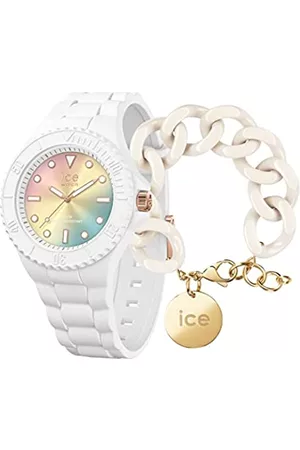 Ice-Watch Donna Bracciali - Generation Sunset Rainbow Orologio Bianco da Donna con Cinturino in Silicone, 019153 + Bracciale in maglia bianca XL da donna con medaglia d'oro