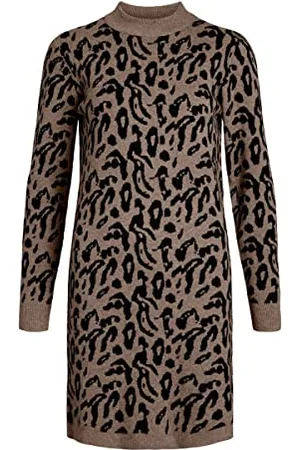 Object Objray L/S Knit Dress Noos, Fossil/AOP: Black Small Animal Jaquard, S Donna