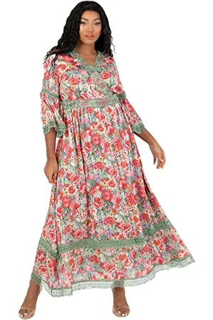 Lovedrobe Womens Ladies Summer Dress Plus Size Curve Pattern Lace Detail Maxi Ankle Length V Neckline Tiered 3/4 Sleeve Vestito, 18 Donna
