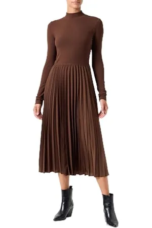 Tommy Hilfiger Donna Rib Mix F&F Pleated Dress LS WW0WW44176, (Legacy Brown), XL