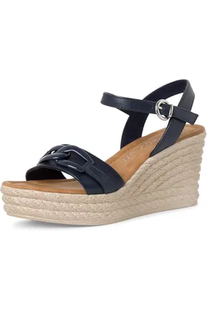 Marco Tozzi Sandali Donna con Tacco a Zeppa con Cinturino Regolabile in Pelle, (Navy), 39 EU