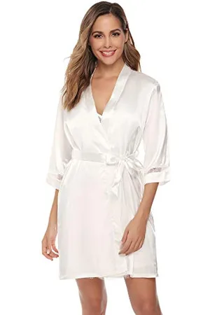 Sykooria Vestaglia Donna Seta, Pigiama Kimono Sexy Set da 2 Pezzi,Scollo V Elegante Vestaglia con Pizzo e Cintura Camicia da Notte in Raso Corta