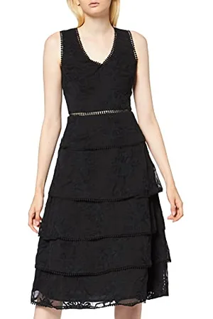 TRUTH & FABLE Marchio Amazon - Vestito Elegante Donna in Pizzo con Balze, (Black), 42, Label: S