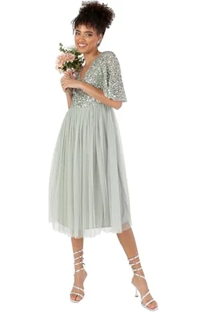 Maya Deluxe Abito da Donna per Matrimonio, ospite, Scollo a V, Maniche Corte con Paillettes, abbellimento per Ballo di fine Anno Vestito per Damigella d’Onore, Giglio Verde, 44