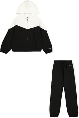 Champion Legacy Script Shop G (405046) -Ultra-Light Soft Compact Powerblend Fleece Color Block Hooded Tuta Sportiva, (NBK/STR), 7-8 Anni Bambina