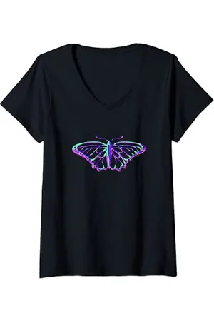 Emporio Armani Donna Farfalla psichedelica viola verde Boho Silhouette Maglietta con Collo a V