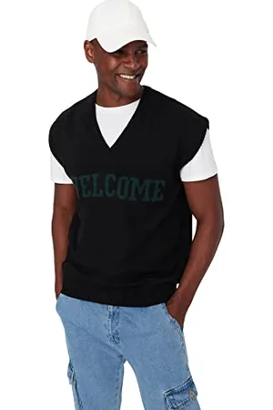 Trendyol Gilet Maglione Tessuto Scollo A V Standard Oversize Uomo, Black, XL