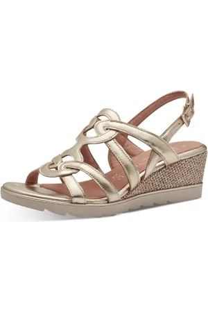 Marco Tozzi Sandali Donna con Tacco a Zeppa con Cinturino Regolabile in Pelle, (Gold), 40 EU