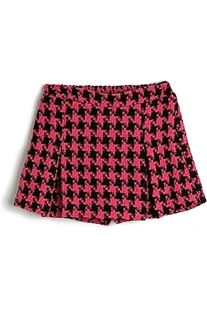 Koton Tweed Mini Skort Pleated Elastic Waistband Pantaloncini, (Pink Design), 6-7 Anni delle Ragazze
