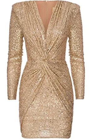 Swing Dolores | Mini Donna Elegante Festivo Festa Sera | Abiti da Sposa | Abito Corto | Vestito con Paillettes | Scollo a V | Manica Lunga | Oro | 36 (S), S