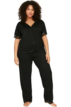 Trendyol Women Polka DOT Knit Shirt-Trousers Plus Size Pajamas Set Pigiama, Black, 4XL Donna
